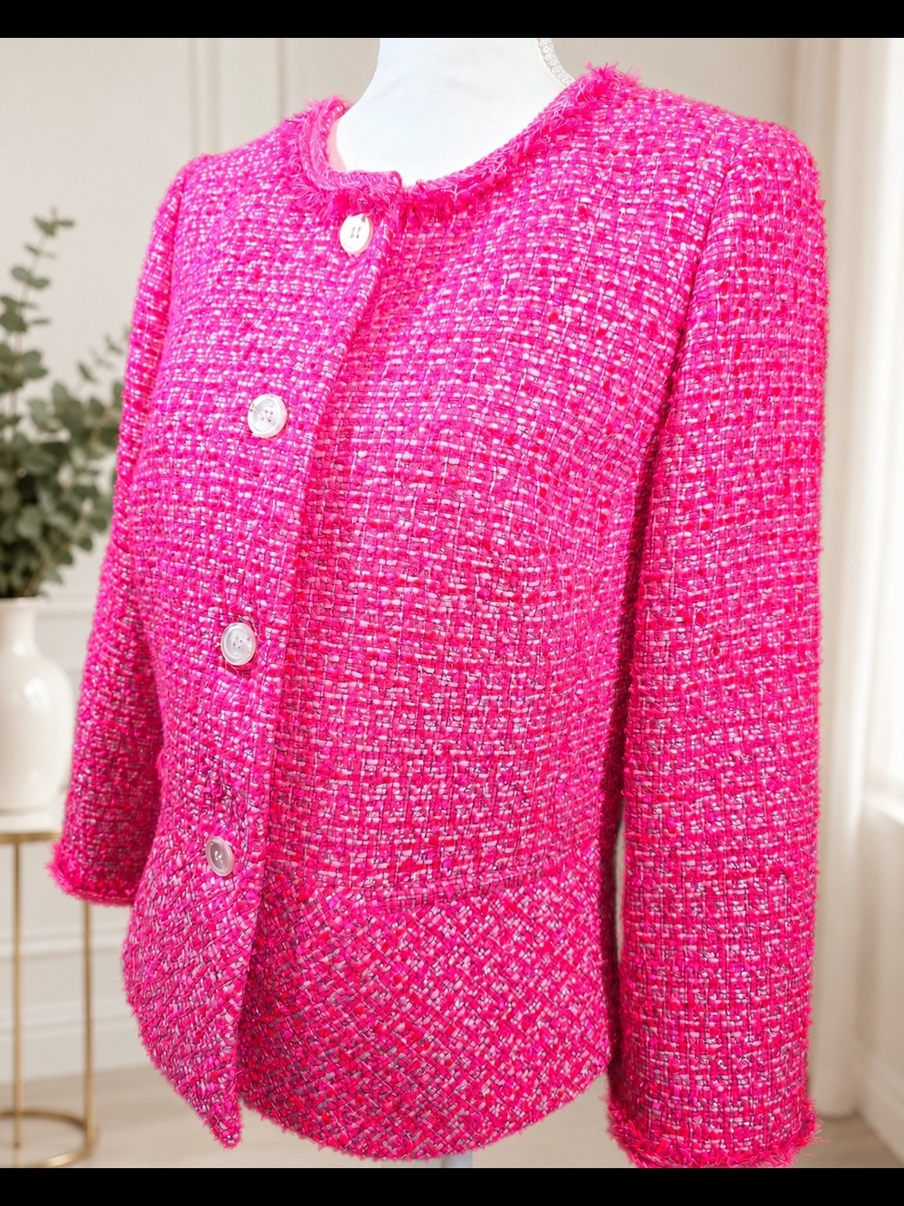Talbots Hot Pink Bouclé Jacket with White Straight-Leg Pants NWOT - Picture 5 of 7